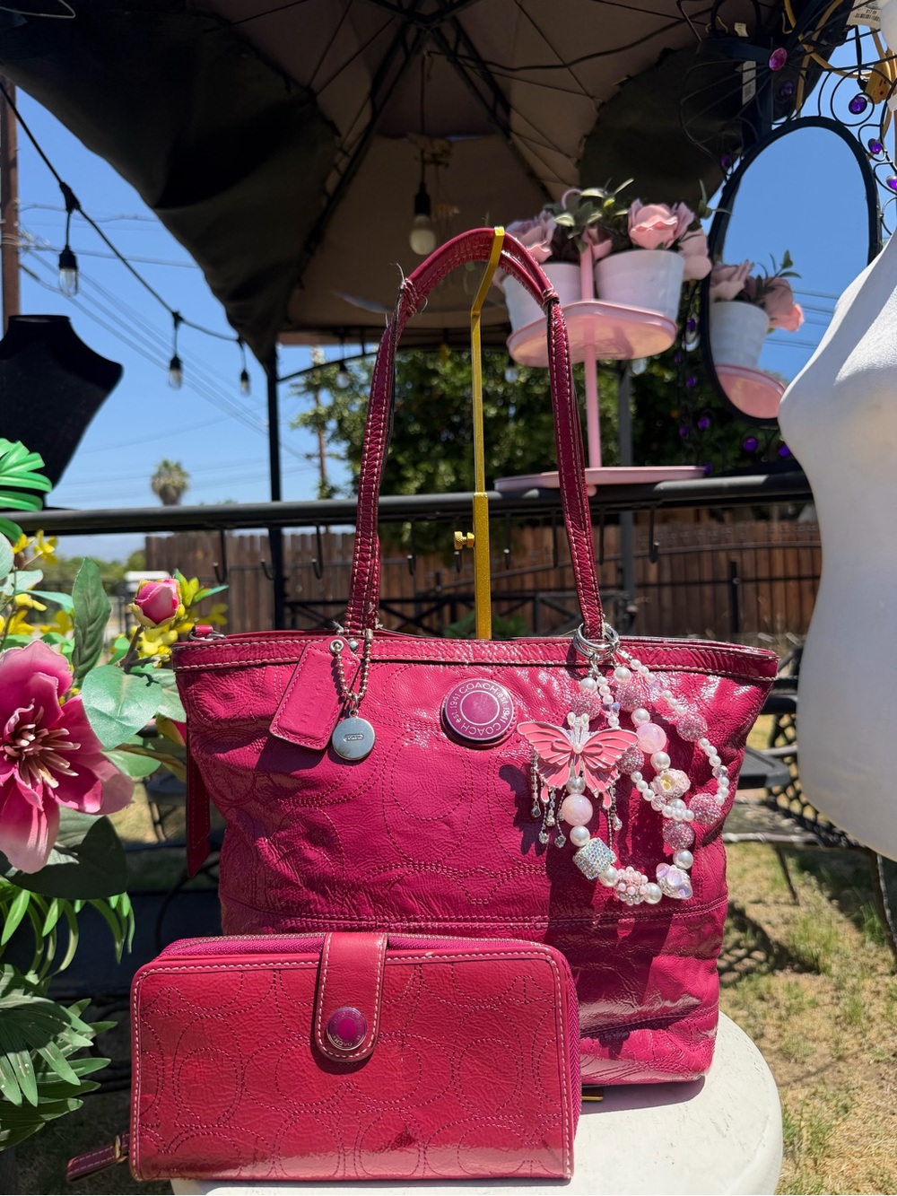 Coach Hot Pink Patent Signature Tote with Matching Wallet